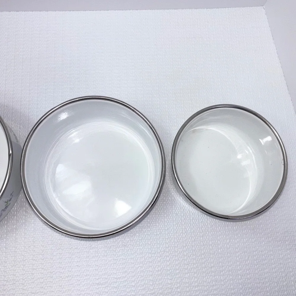 Vintage Nesting Bowls Floral Rose Enamel Metal Set 4 White Pink Cottagecore
